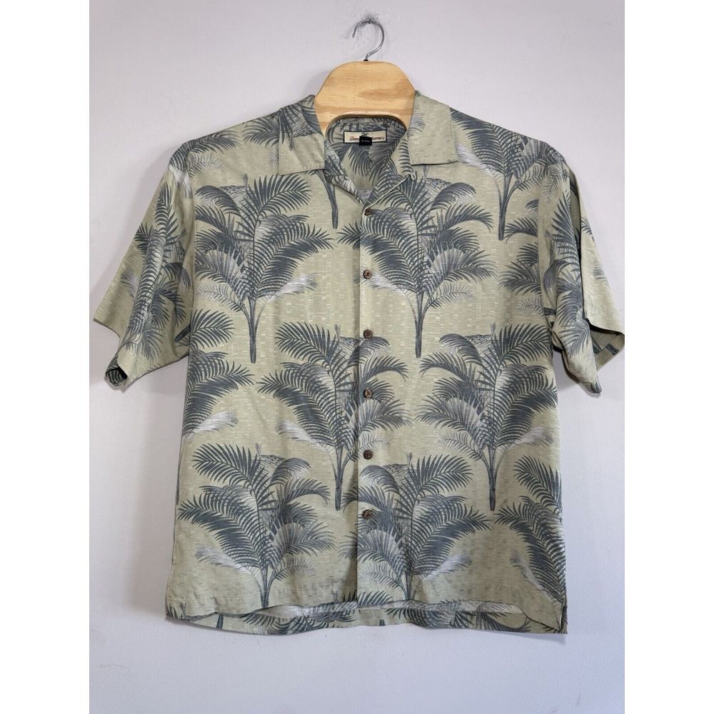 TOMMY BAHAMA Silk Camp Shirt‎ Hawaiian palm Print Size L Olive Green/tan